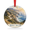 Big Sur Highway 1 ceramic ornament centered on a plain white background with attached hanging ribbon.