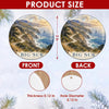Detailed size chart showing the 3-inch round ceramic dimensions and double-sided print of the ornament.
