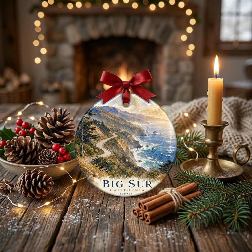 Travel keepsake ornament resting across a tabletop beside seasonal pinecones and a warm flickering candle.