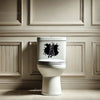 Playful Black German Shepherd decal placed neatly on the smooth lid of a bathroom toilet.