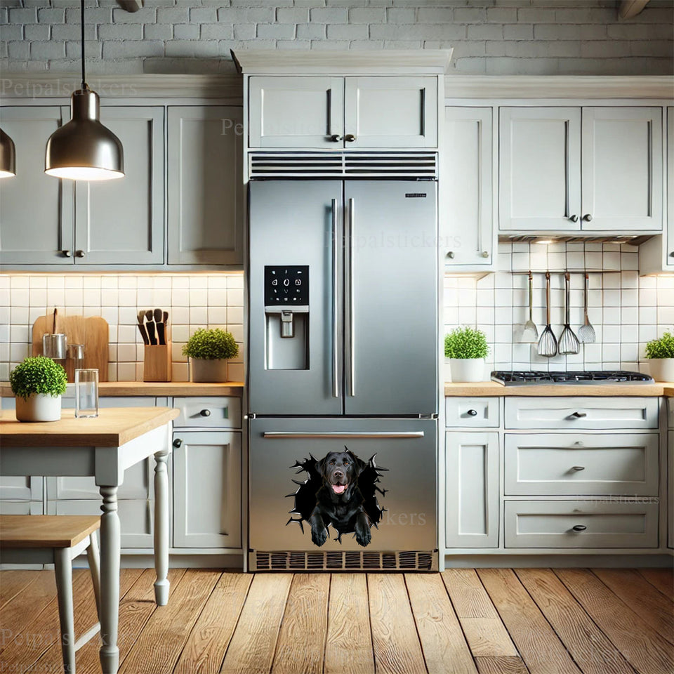 Glossy Black Lab decal adding charming dog artwork to a kitchen refrigerator.