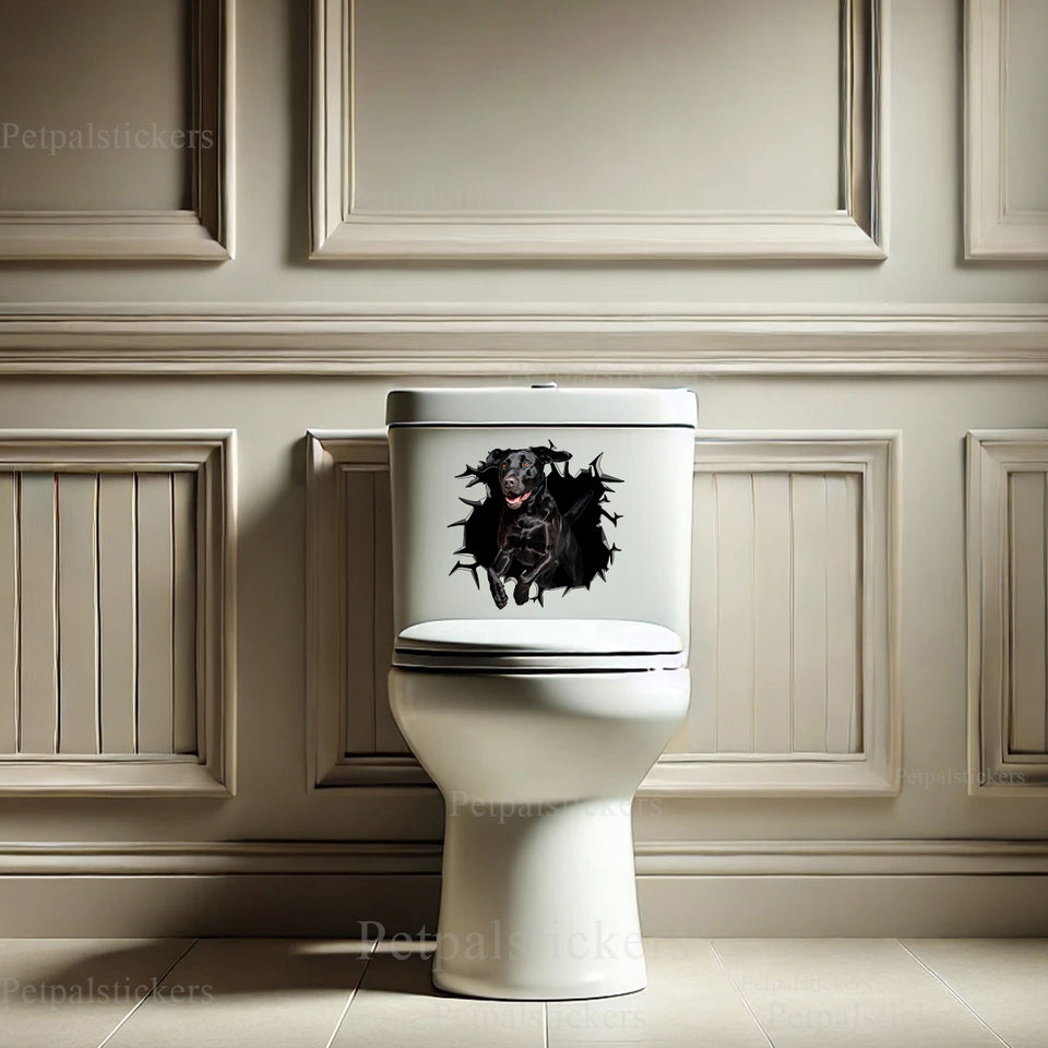 Playful Black Lab graphic sticker placed decoratively on a smooth toilet lid.