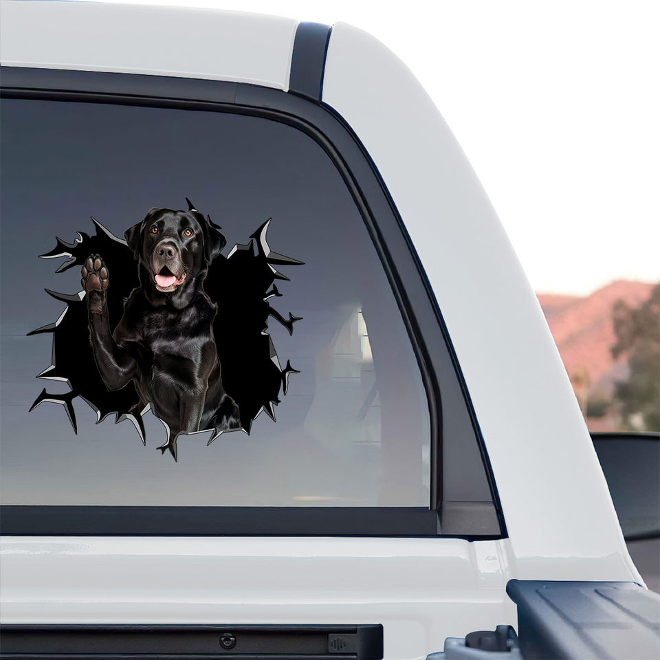 Outdoor view of the Black Labrador Retriever sticker applied to the rear window of a truck.