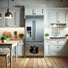 Playful Black Poodle pet decal placed on a stainless steel refrigerator in the kitchen.