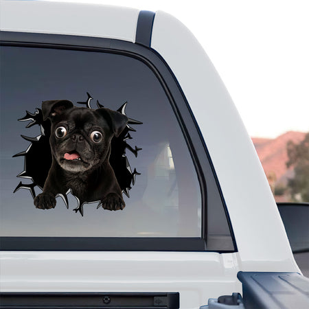 Humorous Black Pug sticker displayed neatly on a smooth porcelain toilet lid.