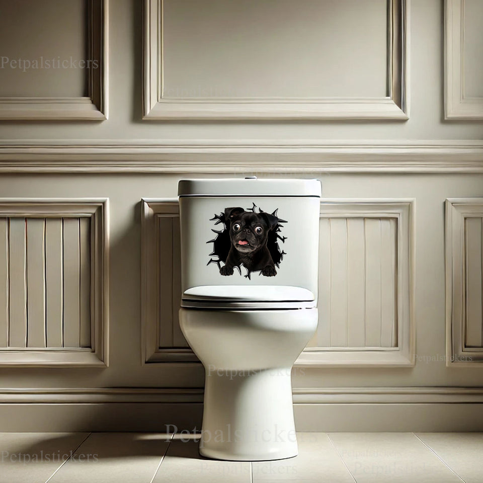 Humorous Black Pug sticker displayed neatly on a smooth porcelain toilet lid.