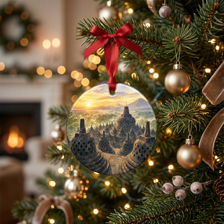 Detailed temple keepsake resting on a rustic holiday table beside pinecones and glowing candlelight.