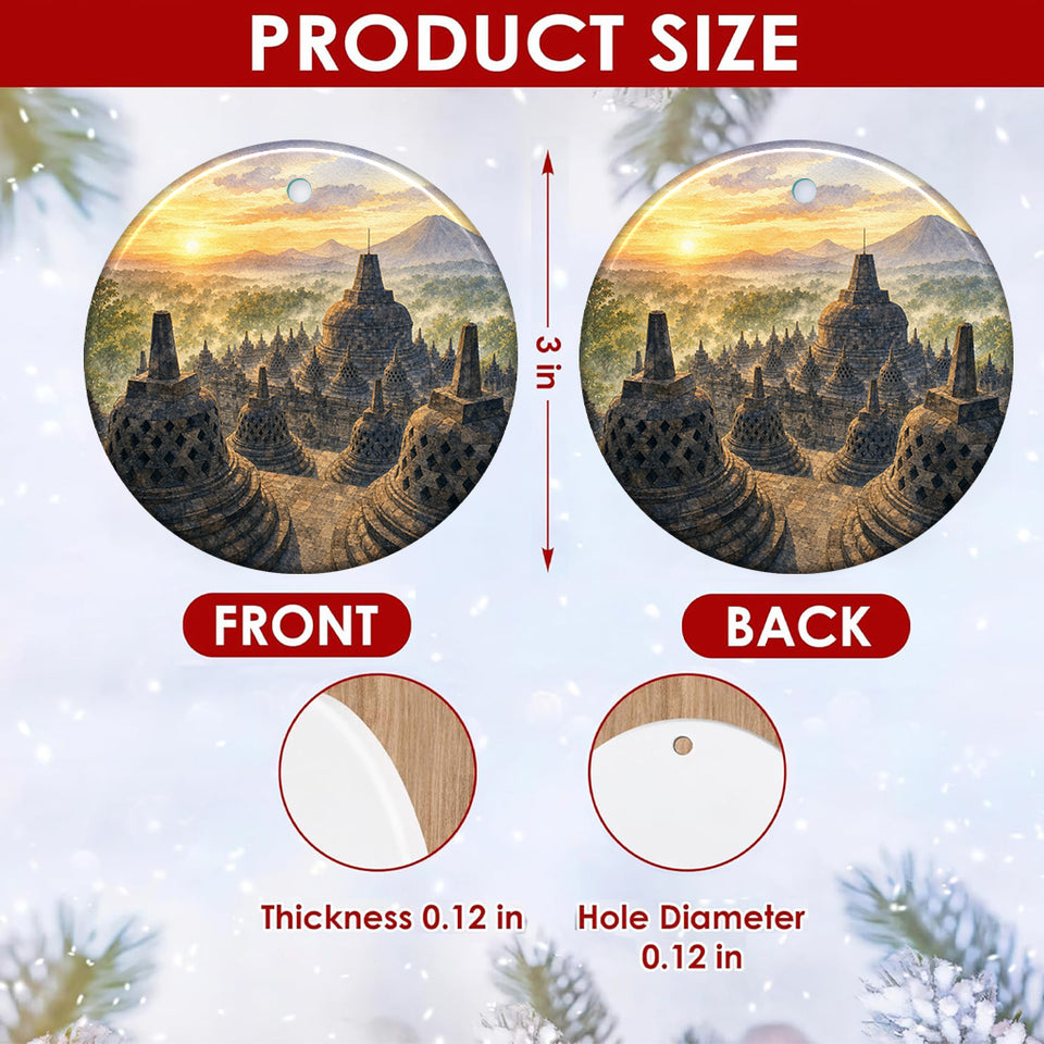 Graphic size chart detailing the 3-inch dimensions and double-sided print of the ceramic ornament.