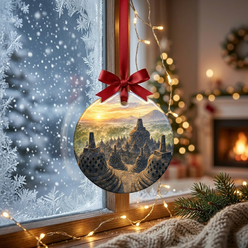 Round travel ornament hung before a frosty winter window catching gentle morning daylight.
