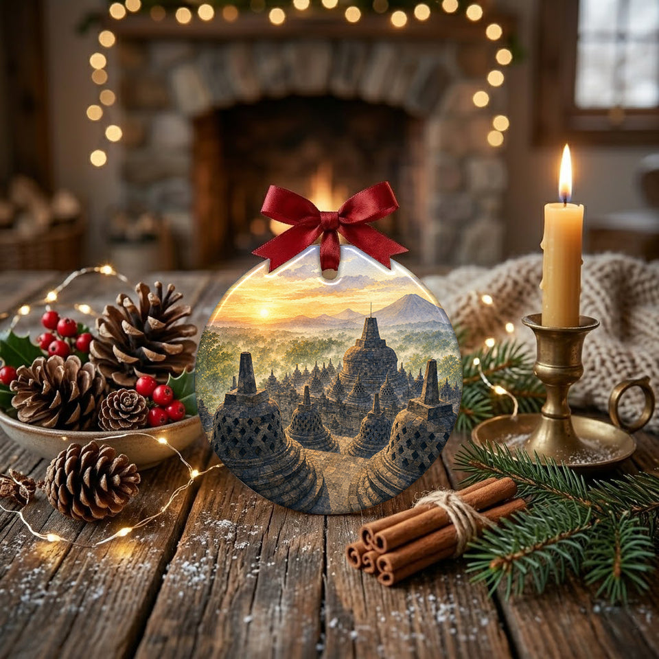 Detailed temple keepsake resting on a rustic holiday table beside pinecones and glowing candlelight.
