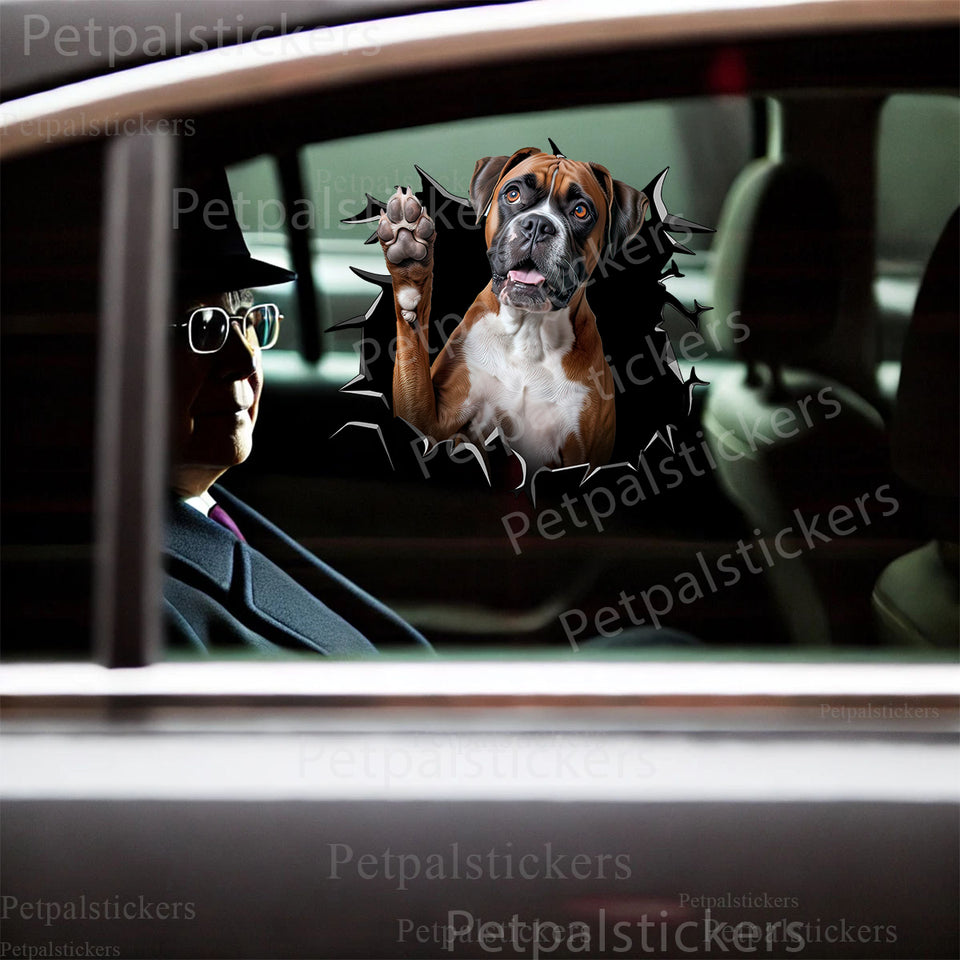 Funny Boxer dog decal applied smoothly onto a white car door exterior.