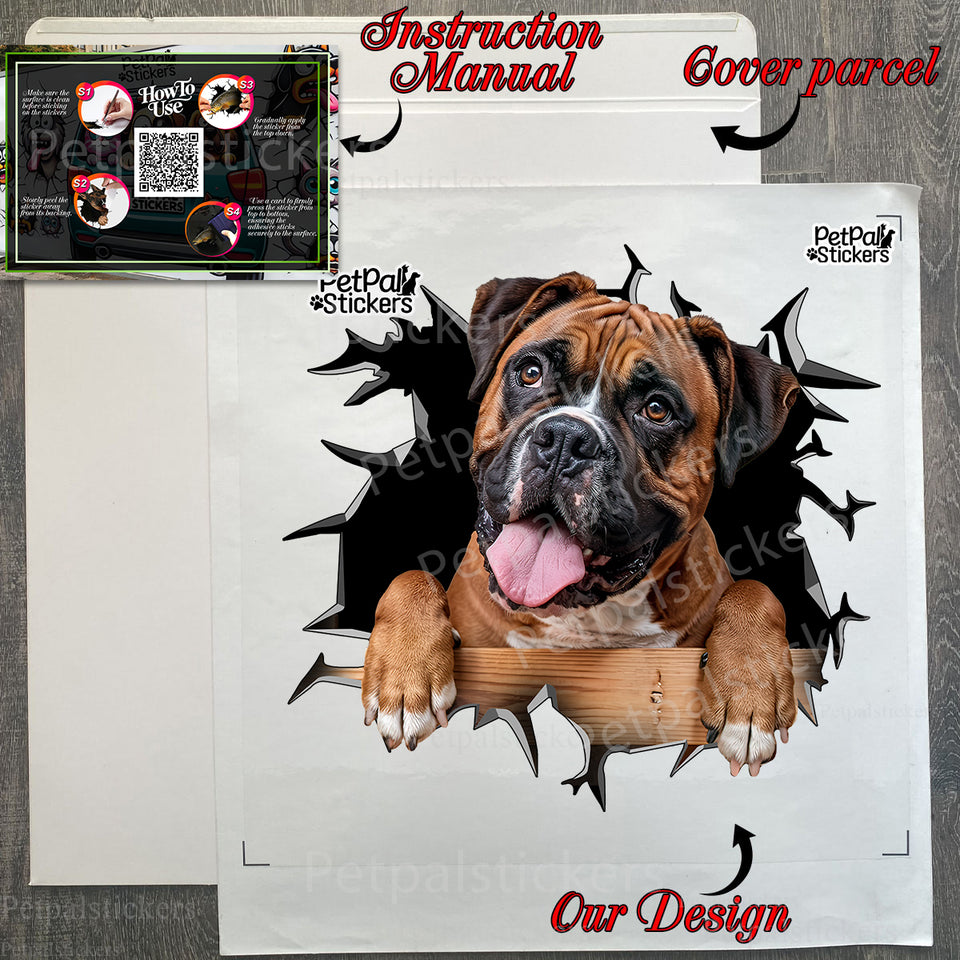 Protective secure package holding the Boxer Dog car decal with instructions.