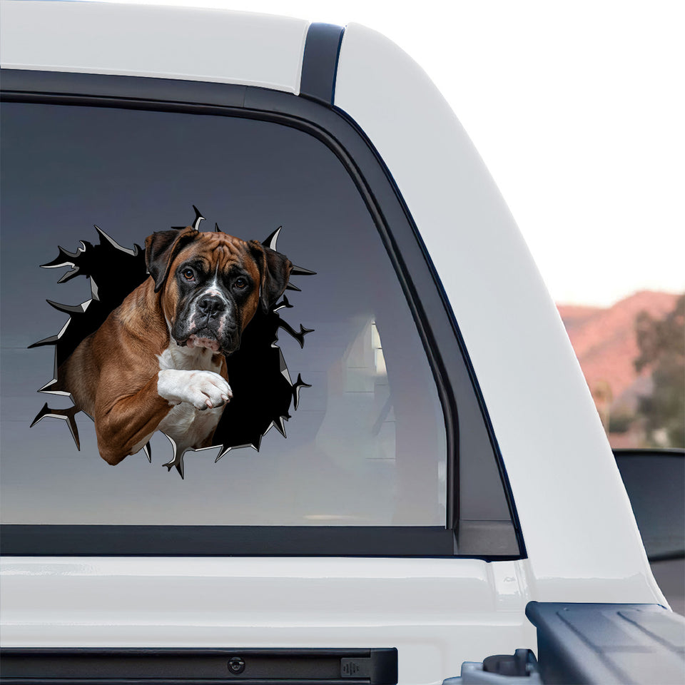 Detailed Boxer Dog window sticker applied to the rear glass of a truck outdoors.