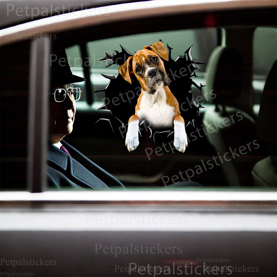 Glossy Boxer dog sticker adhered smoothly to a white car door surface outdoors.