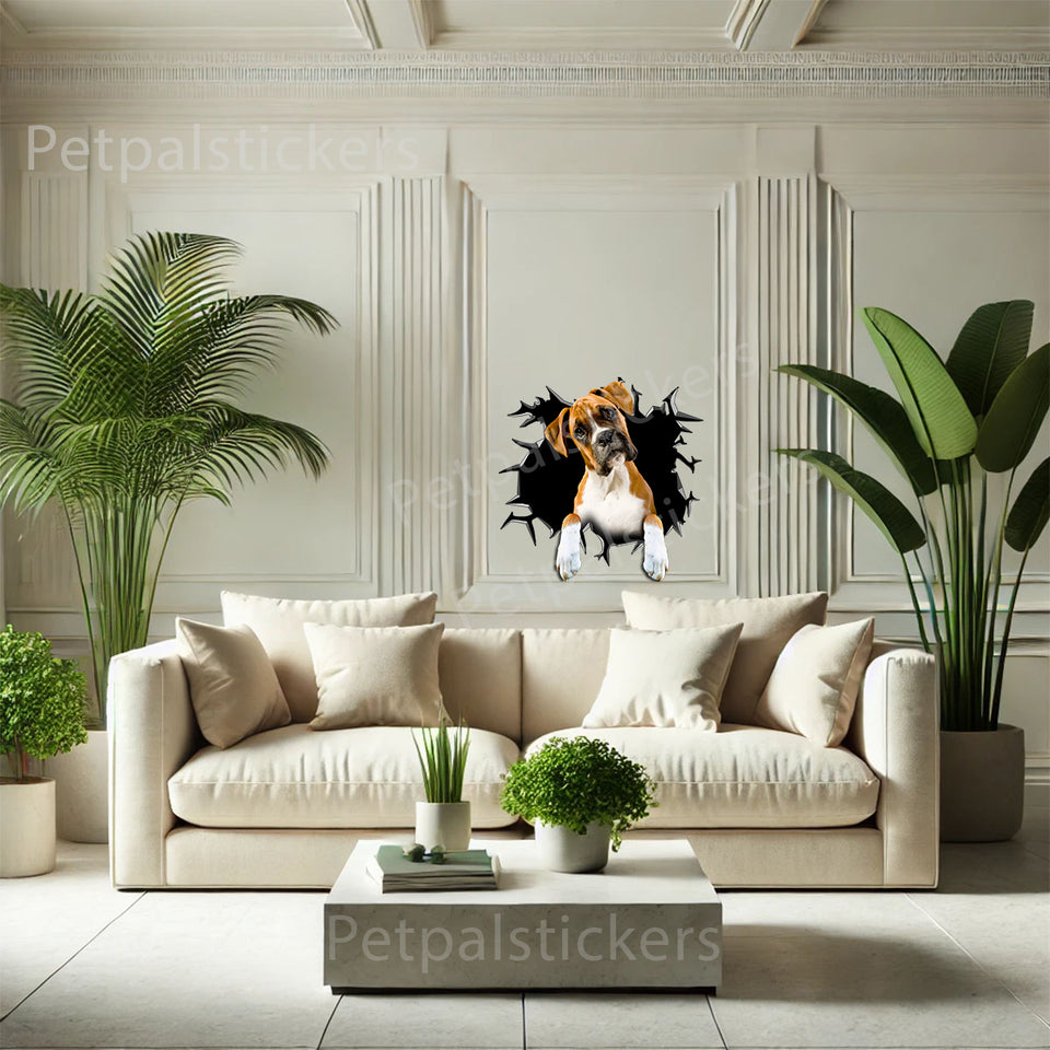 Decorative Boxer dog art decal mounted cleanly on an interior painted wall.