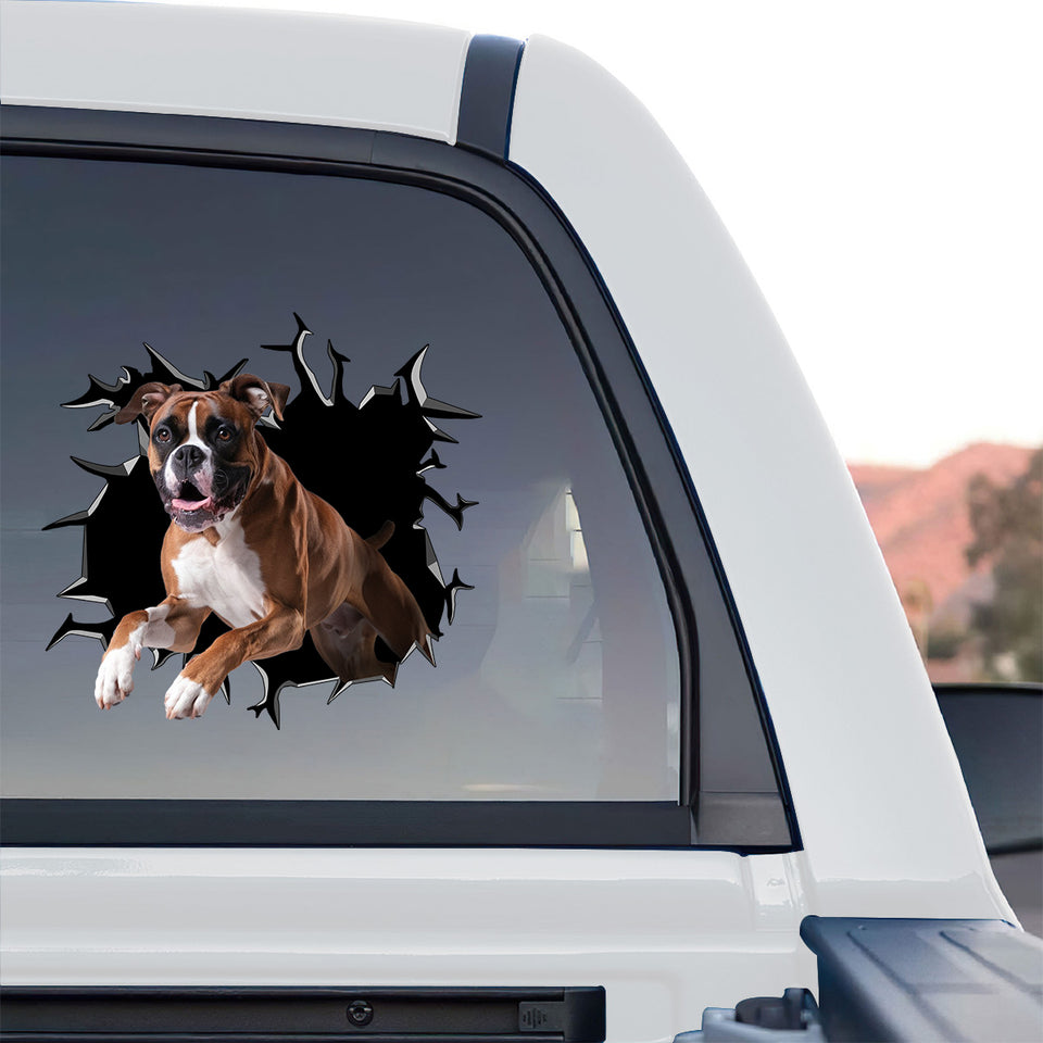 Funny Boxer dog graphic decal displayed boldly on the rear window of a truck.