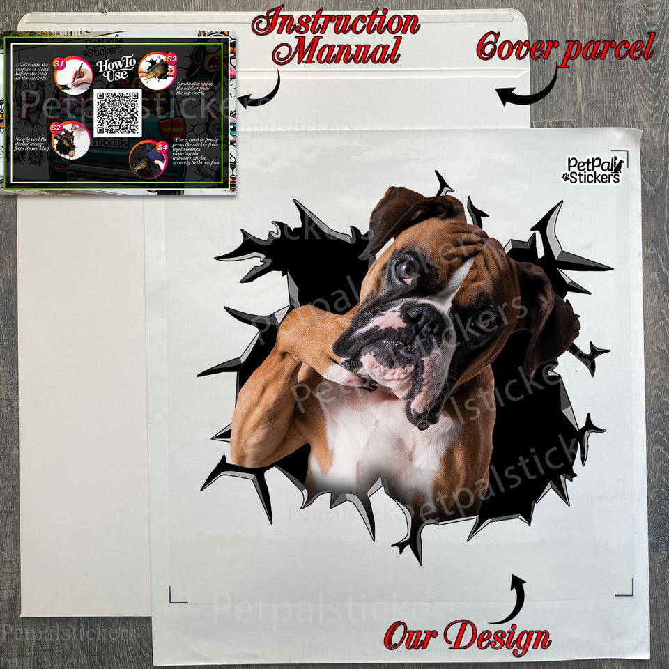Boxer sticker package shown with protective backing and clear instructions.