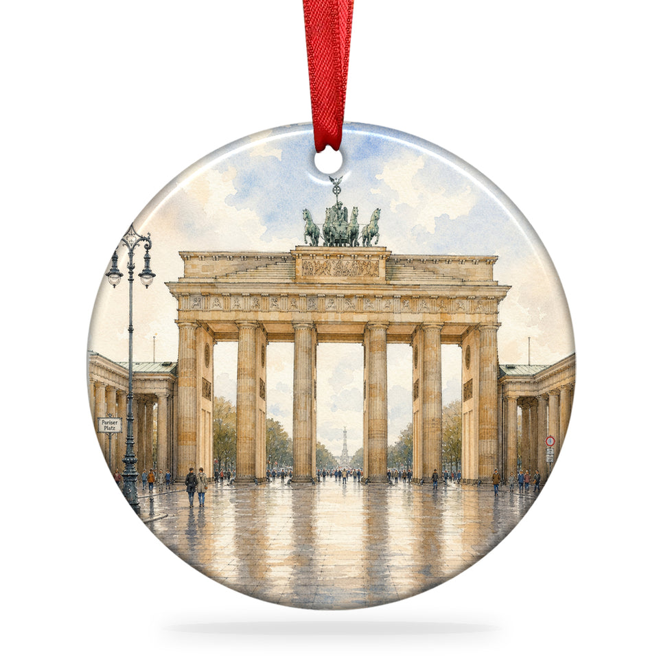 Brandenburg Gate Christmas ornament with hanging ribbon displayed on a clean white background.