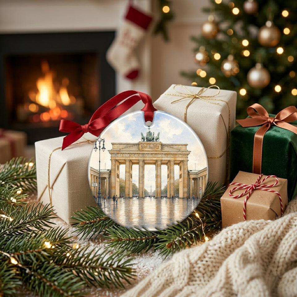 Double-sided German travel ornament resting beside holiday gifts near a warm brick fireplace.