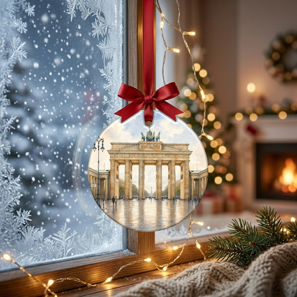 Brandenburg Gate holiday ornament catching soft natural winter light in front of a frosty window.