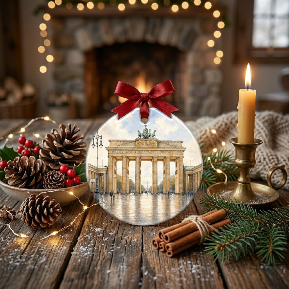 Festive travel ornament styled on a rustic tabletop surrounded by winter greenery and pinecones.