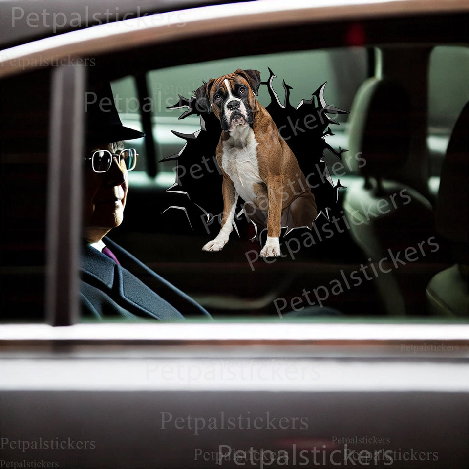 Glossy Brindle Boxer dog decal applied smoothly onto an exterior car door.