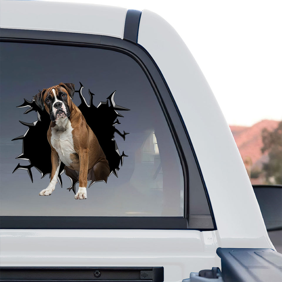 Detailed Brindle Boxer window sticker displayed on the rear window of a truck.