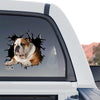Bold British Bulldog dog vinyl decal displayed on the rear window of a truck outdoors.