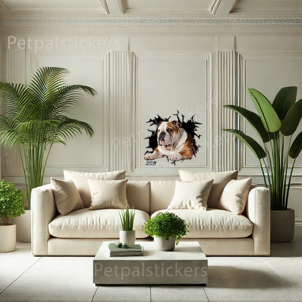 Decorative British Bulldog portrait sticker installed cleanly on an indoor bedroom wall.