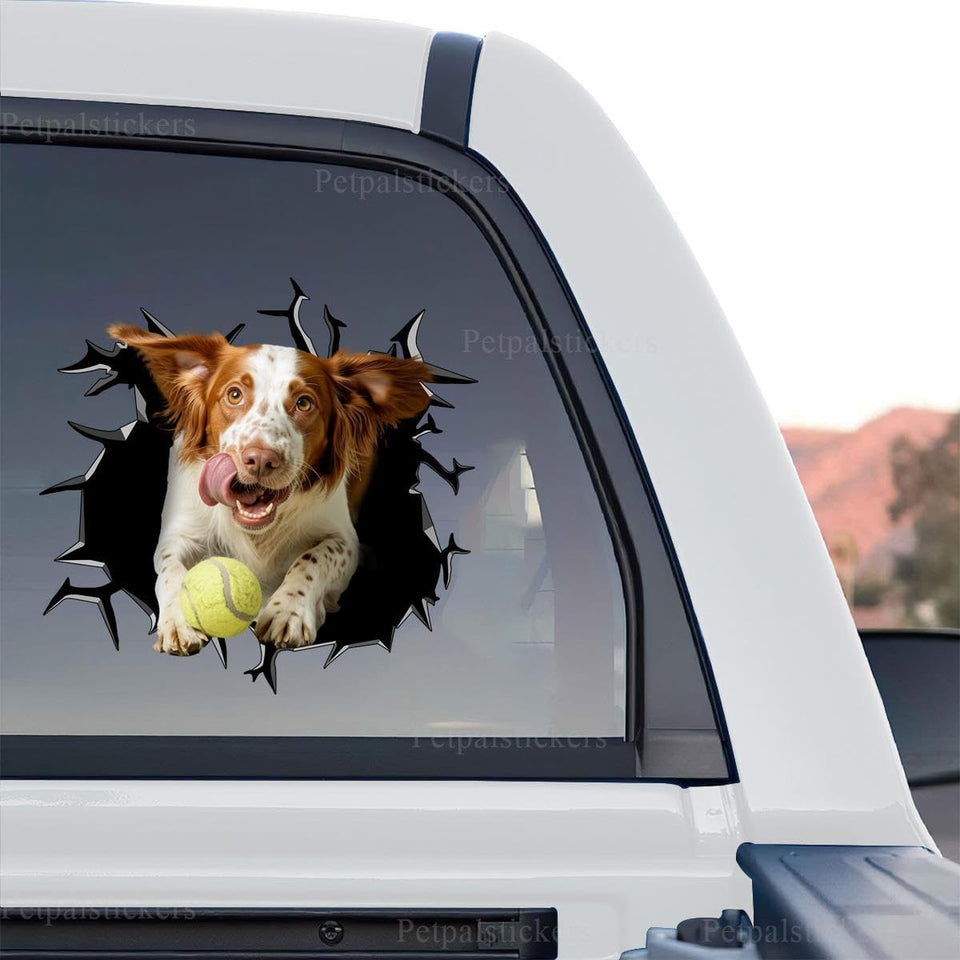 Clear transparent Brittany Spaniel decal showcasing a standalone product design with tongue out.