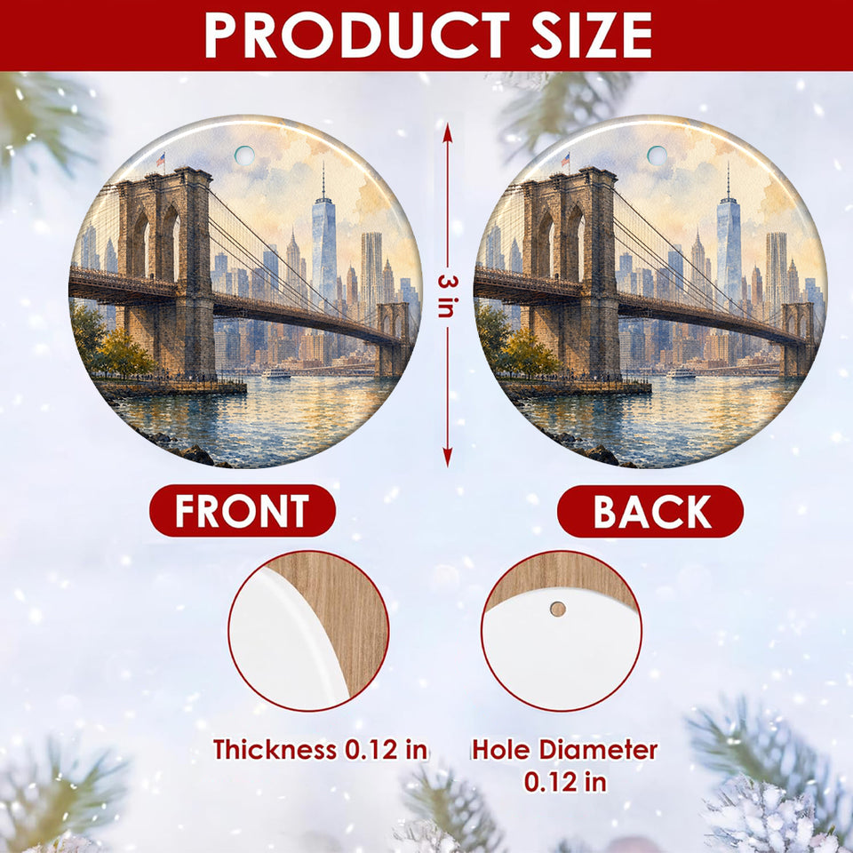 A size chart diagram showing the 3-inch ceramic ornament with double-sided artwork.