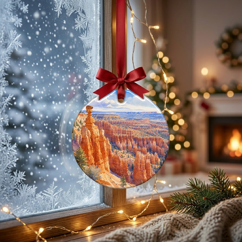 Round national park keepsake hanging near a frosted winter window in soft morning daylight.