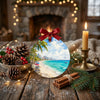 Rustic holiday table setting featuring pinecones and candlelight next to the round ceramic keepsake.