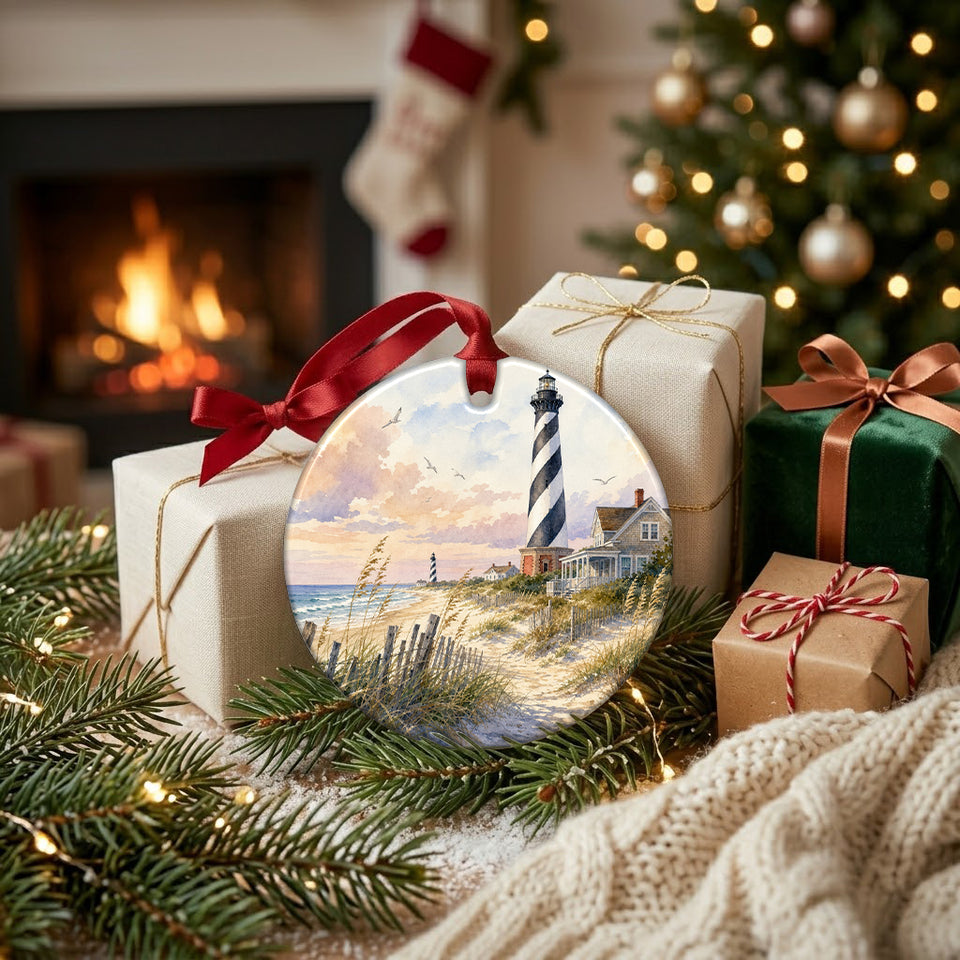 Outer Banks ceramic keepsake resting near wrapped holiday gifts beside the warm fireplace.