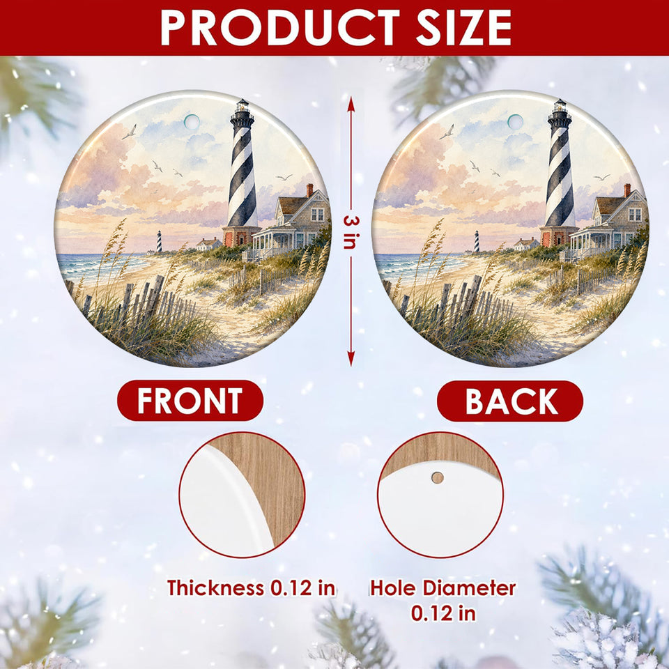 Detailed size chart displaying the 3-inch round ceramic ornament dimensions and double-sided print.