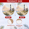 Detailed size chart displaying the 3-inch round ceramic ornament dimensions and double-sided print.