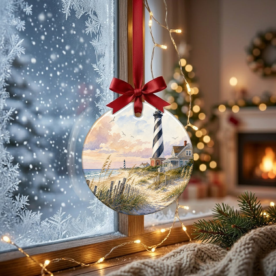 North Carolina lighthouse keepsake hanging in front of a bright, frosty winter window.