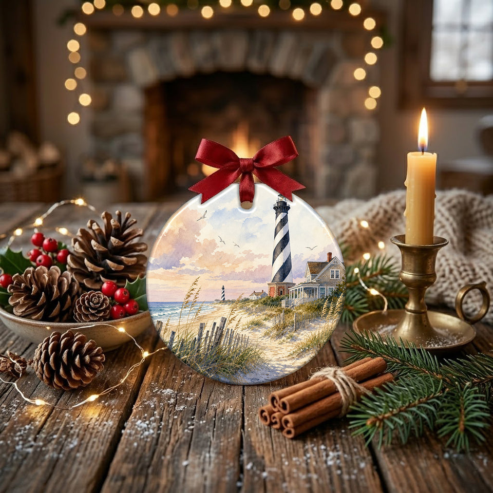 Ceramic holiday keepsake styled on a festive table with pinecones and warm candlelight.