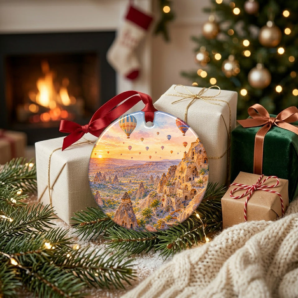 Festive holiday scene with the Cappadocia ornament resting beside gifts near a glowing fireplace.