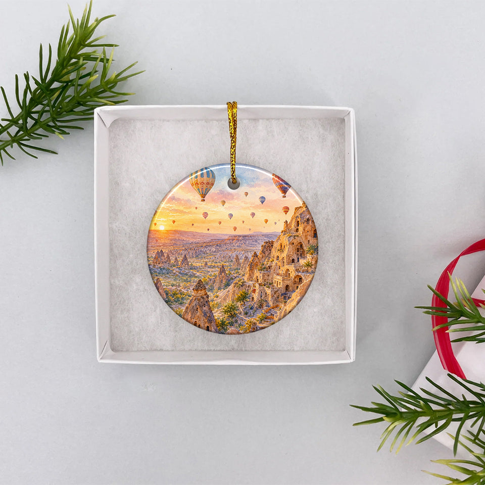 Hot air balloon Cappadocia travel ornament presented inside an open white gift box.