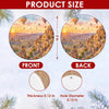 Graphic size chart detailing the three-inch round dimensions and double-sided print of the ornament.