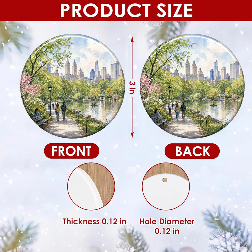Product size chart diagram displaying three-inch dimensions and double-sided print for the ornament.