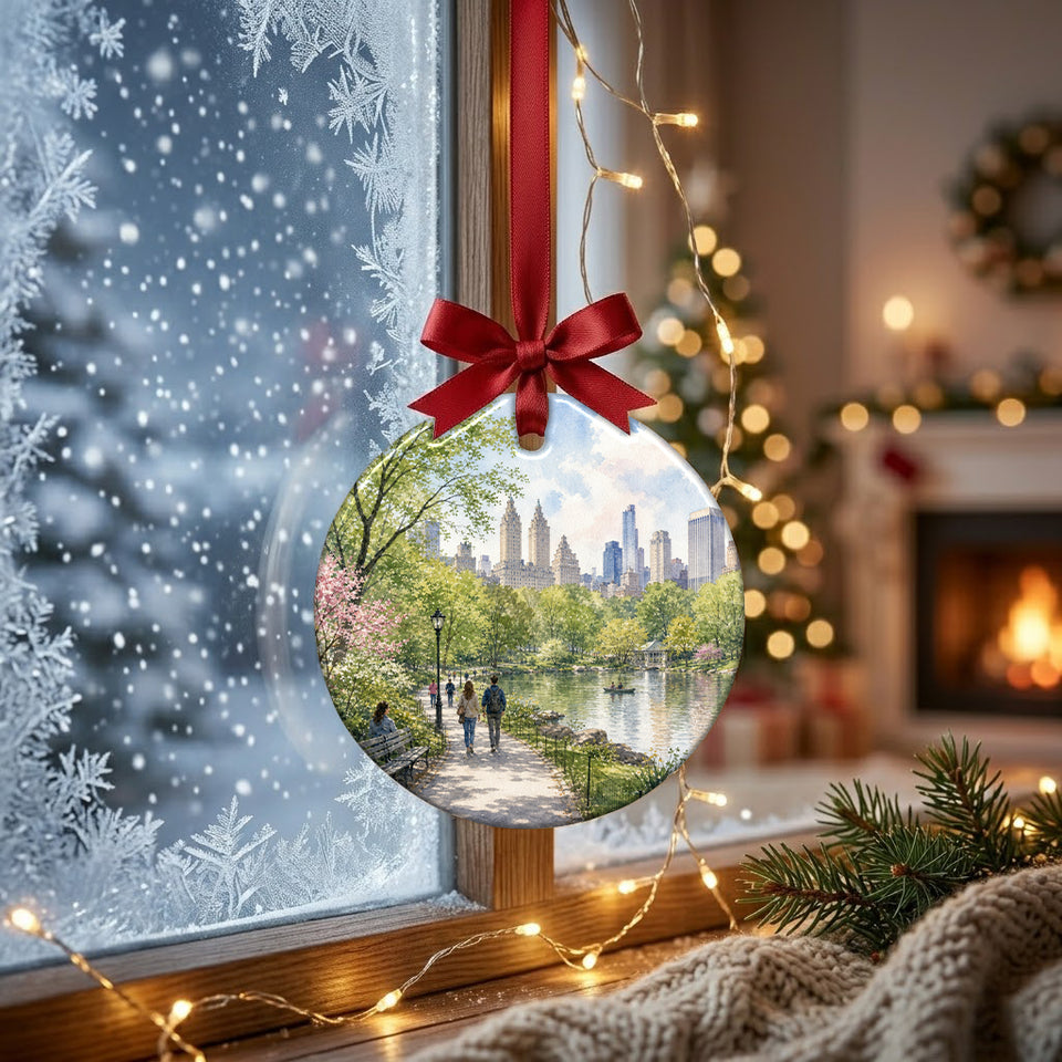 New York park keepsake ornament suspended in front of a frosty winter window catching soft daylight.
