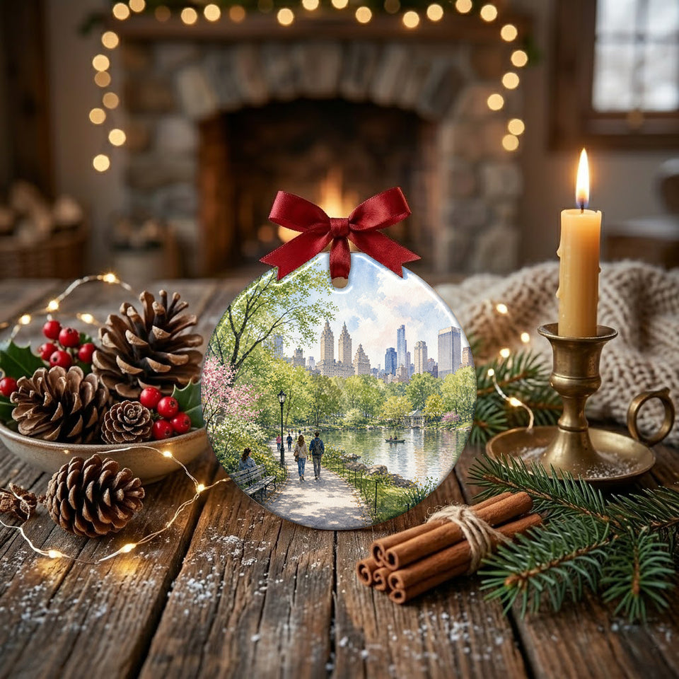Festive ceramic holiday decoration arranged on a rustic table display with pinecone accents and a candle.