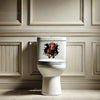 Humorous Chocolate Lab decal decorating the porcelain lid of a bathroom toilet.