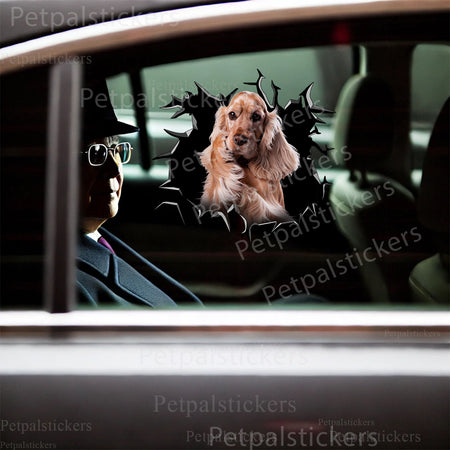 Playful Cocker Spaniel vinyl decal adhered to the clean lid of a toilet.