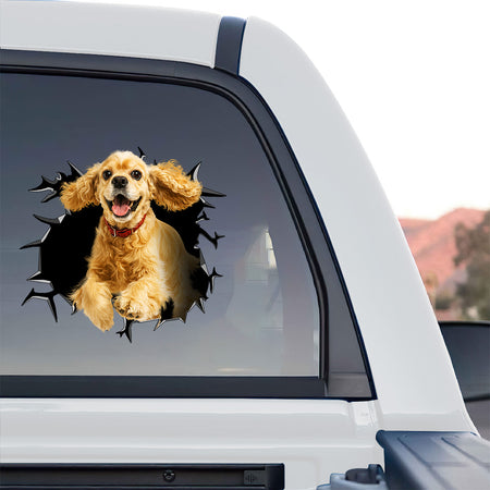 Humorous Cocker Spaniel decal placed on the clean lid of a porcelain toilet.