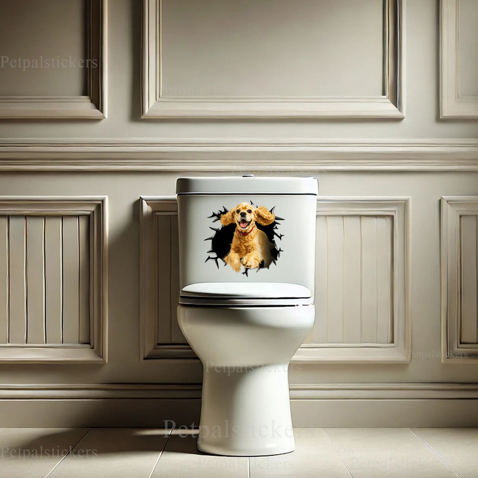 Humorous Cocker Spaniel decal placed on the clean lid of a porcelain toilet.