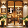 Colorful pet-inspired graphic vinyl sticker adhered firmly to a smooth wooden door.