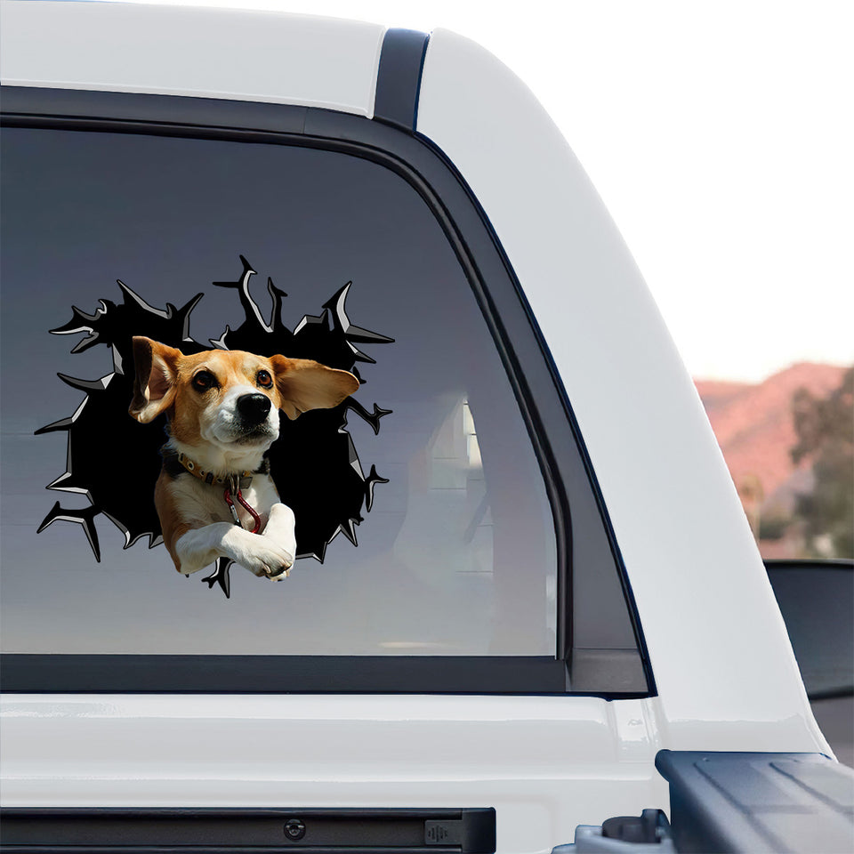 Vibrant Beagle graphic decal displayed prominently on the rear window of a truck.